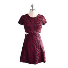 Forever 21 Red Floral Cut Out Fit And Flare Dress Short Sleeve Size S