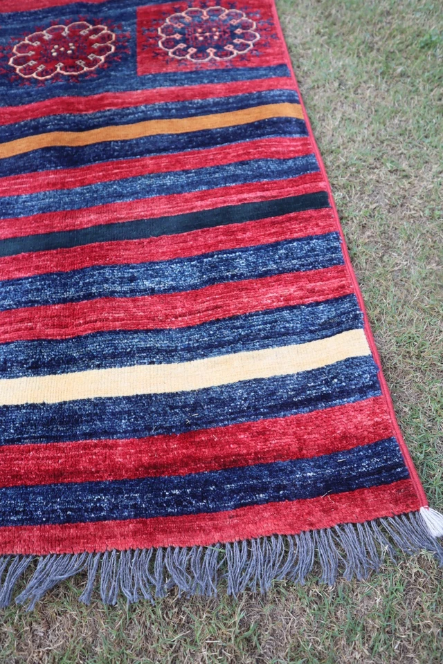 Alfombra de área moderna afgana de 4'8x6'6 pies alfombra de diseño a rayas hecha a mano, alfombra azul granate Foto 4 de 4