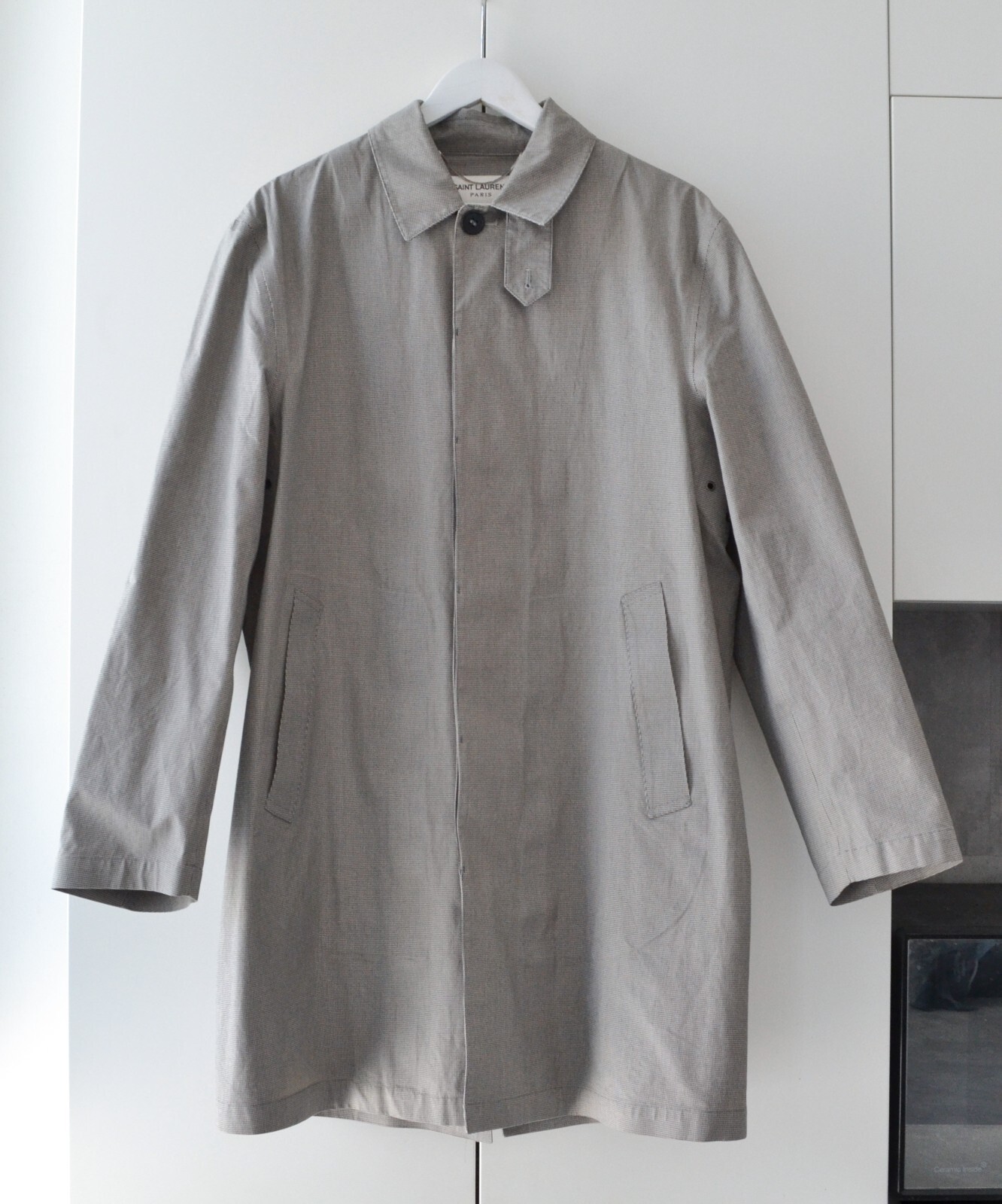 Giacca trench uomo SAINT LAURENT bottoni cappotto nero bianco tasche pied de poule