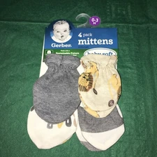 Gerber Baby  4-Pack 0-3m No Scratch Mittens, Gray White Lion Print