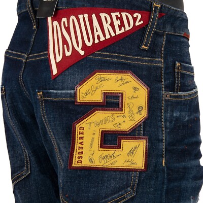 DSQUARED2 Distressed SEXY TWIST JEAN 2 Rugby Logo Jeans Pants Blue