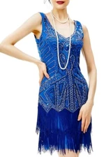 BABEYOND Women’s Flapper Dress Set 1920s V Neck Beaded Fringed Great Gatsby Sz L