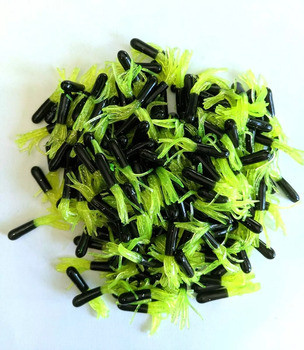 1.550/100PK CRAPPIE TUBES-BLACK WITH CHARTREUSE SHINE TAIL-BASS-JIG  FISHING-USA