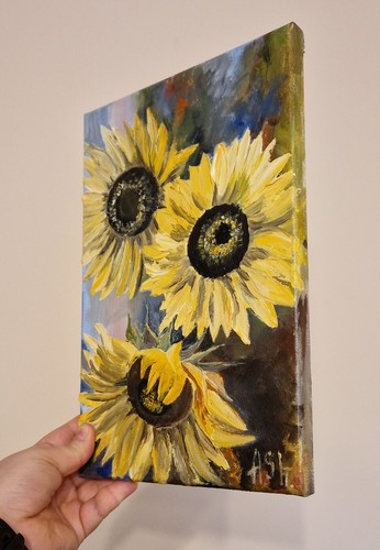 Sunflowers Original Oil Painting floral nature art palette knife painting 12x8" - Picture 12 of 15