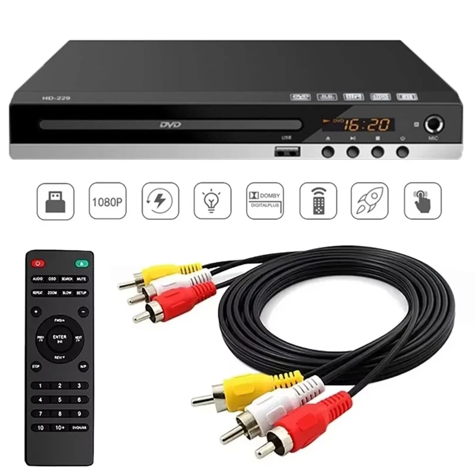 Reproductor de DVD 1080P HD para TV Reproductor de CD sin todas las regiones Salida HDMI RCA Entrada USB Foto 2 de 4
