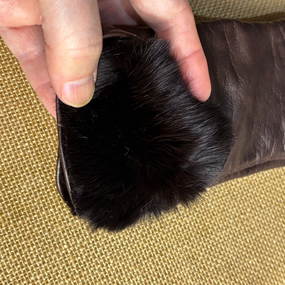 Винтажные женские кожаные перчатки Isotoner шерстяная подкладка размер 7 коричневая меховая отделка классические эластичные - Изображение 3 из 4