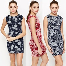 New Womens Rose Floral Bodycon Dress Navy and Wine