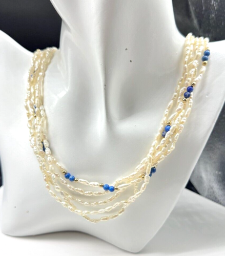 Vintage Multi Strand Pearl & Blue Gemstone Beaded Necklace 22" H01 - Picture 1 of 3