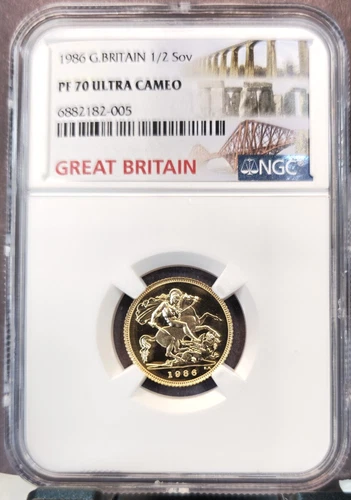 1986 GREAT BRITAIN GOLD 1/2 SOVEREIGN NGC PF 70 ULTRA CAMEO RARE PERFECTION