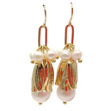 1.6" White Freshwater Pearl Gold Plated flower Bud Charms Drop Hook Earrings