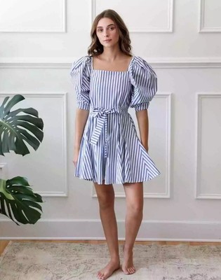 NWT! Mille Size M   Resort Anais Mini Dress in Blue Stripe Puff Sleeve *No Belt*