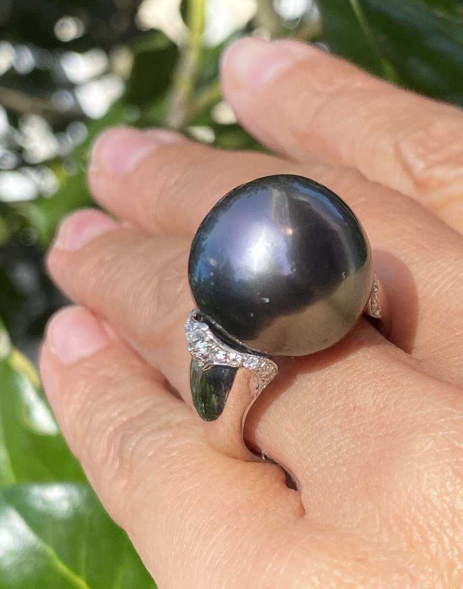 GIANT 18K White Gold Tahitian Black Pearl Diamond Vintage Cocktail - Main Image