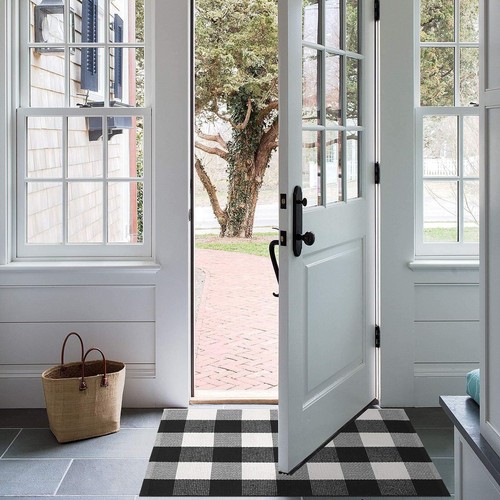Buffalo Plaid Outdoor Door Mat 2x3 ft Front Porch Rugs Washable Woven Black W... - Picture 4 of 9