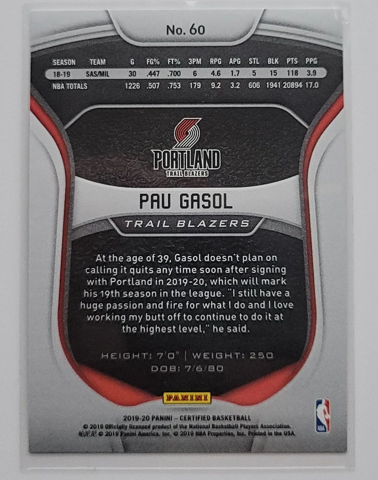 2019-20 Panini Certified Base Mirror Green #60 Pau Gasol /5 - Image 2 of 2