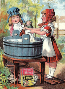 1880s Ivorine Trade Card Cleanser Washing 2 Girls Soap Victorian Doll Cat Tub