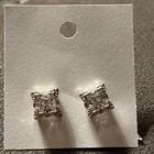 Silver Tone Stud Earrings with Large Square CZs in an Intricate Setting - 3/8" — photo 1