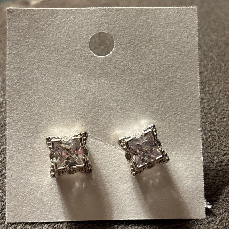 Silver Tone Stud Earrings with Large Square CZs in an Intricate Setting - 3/8"
