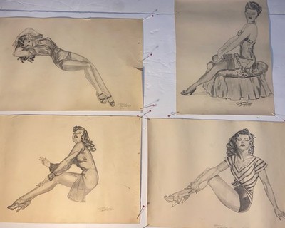 1940s Boudoir Glamour Girl Pencil Drawings Signed 4piece Series