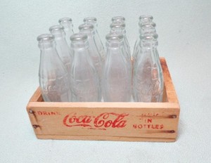 Coca Cola Miniature Wooden Crate 12 Glass Embossed Bottles Salesman's Sample
