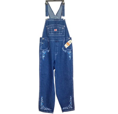 Denim Bib Overalls Women's Revolt Floral Embroidery Size 18 Blue Jean NWT
