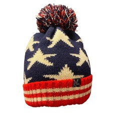 American Flag Stars  Stripes Pom Beanie Hat Red White Blue Patriotic Ski Winter