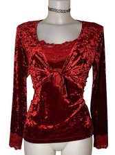 Vtg 90s Womens Red Velvet Lace Trim Top Sz L Babydoll Whimsigoth Grunge Witchy