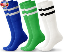 3 Pairs Boys Soccer Athletic Socks Kids Striped Football Knee High Uniform Sport