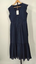 Quince Organic Textured Cotton Smocked V-Neck Midi Dress Navy Basic Sleeved M