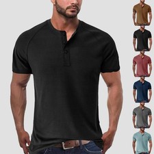Mens Waffle Ribbed T-Shirt Summer Short Sleeve Solid Grandad Casual Blouse Shirt