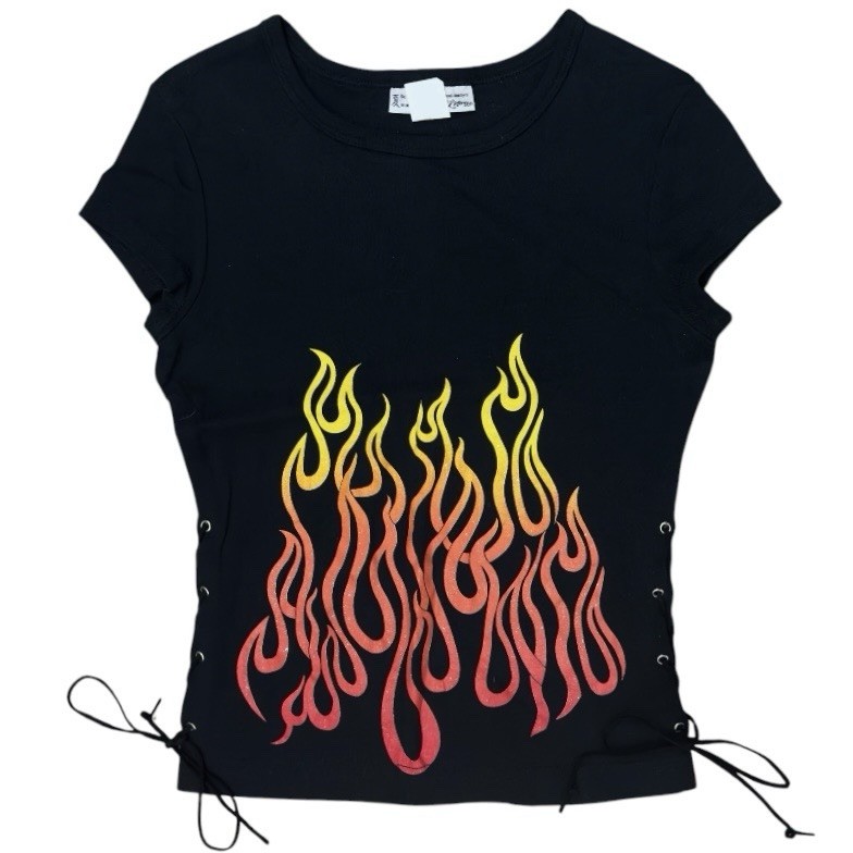 LGB - 00s L.G.B. fire works t-shirt tシャツ y2k Vintage Y2K Flame Shirt Lace Up Glitter Baby Tee Black USA SZ M