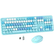 Colorful Wireless Computer Keyboard and Mouse Combo Round Keycaps Blue Retro