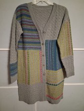 Sweater Color Block Patchwork Long Duster Cardigan Button Up M Boho CottageCore