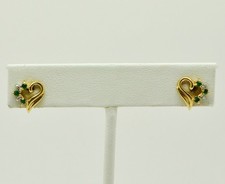 14K Yellow Gold Heart w/ Green and Clear Gems Stud Earrings GOLD-4013