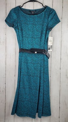Perceptions Women s Size Small Short Sleeves Fit & Flare Dress Teal Black NEW