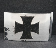 WA17147 COOL  BLACK VELVET IRON CROSS  SILVERTONE FASHION BELT BUCKLE