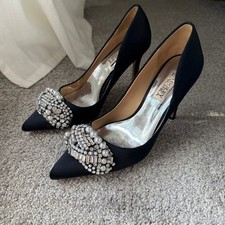 Badgley Mischka Olga Black Satin Embellished Pointed Toe Pumps Heels Size 6