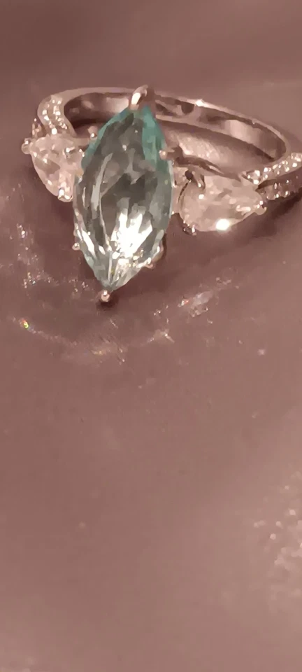 Marquise Cut Aquamarine Colored Ring Size 6 Lab Created Stone W K Plated  - Image 4 of 4