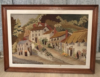 Vintage großer fertiger Wandteppich Nadelspitze gerahmt Kunst Landhäuser