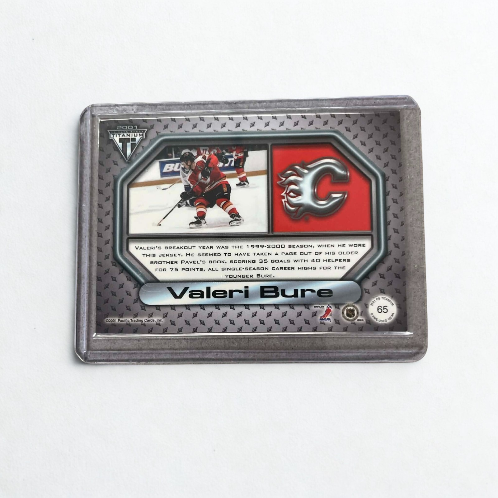 2001 Private Stock Titanium VALERI BURE Game Worn Jersey Card NHL Calgary Flames