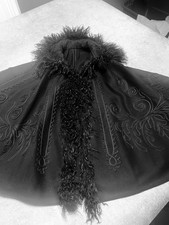 Antique Black Victorian Heavy Wool Cape Soutache Embroidery Feather Collar