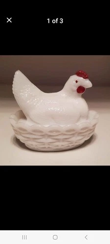 Vintage Westmoreland White Milk Glass Hen on Nest Dish 3-1/2" Painted Red Comb