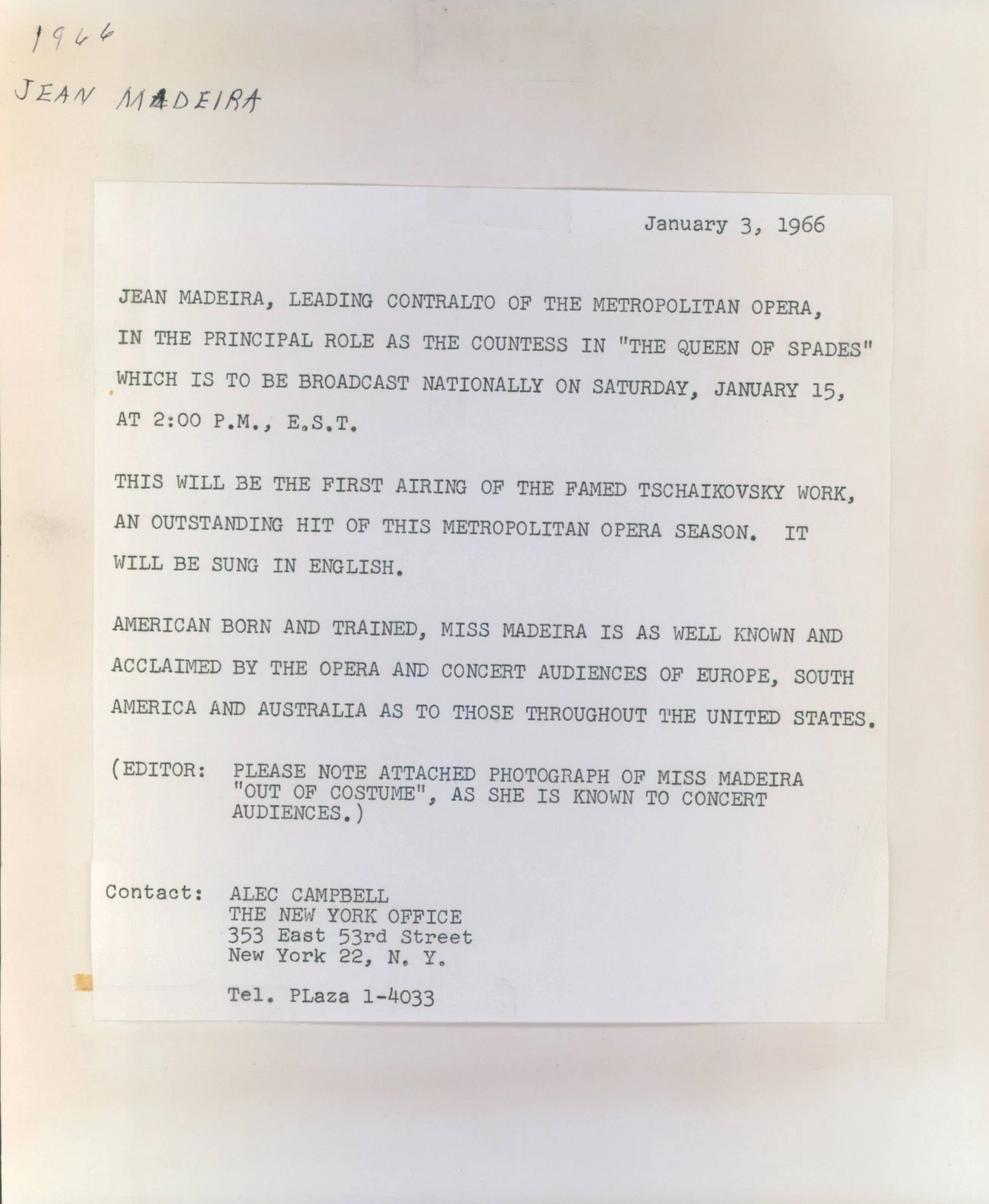 "1966年 プレスフォト コントラルト ジーン マデイラ "The Queen of Spades"の星" - 画像2/2