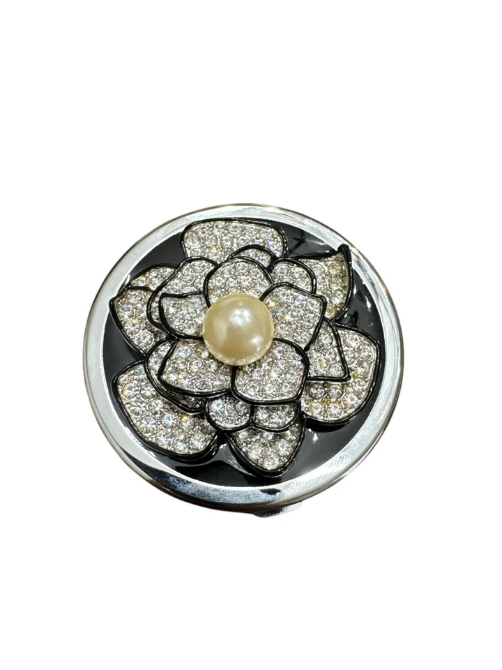 VINTAGE! KENNETH LANE CORAL BLACK AND CRYSTAL ROSE VANITY MIRROR COMPACT - Image 3 of 4
