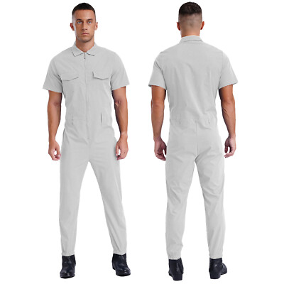 Mens Rompers Solid Color Jumpsuit Short Sleeve Overalls Worker Costume Garages