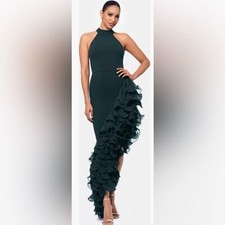 NWOT $340 Betsy & Adam Ruffle Detail Asymmetric Body-Con Ponte Gown Pine Sz 10