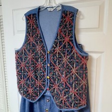Victoria Jones Vtg 2 Pc Vest Skirt Set Sz 1X 2X Teacher Denim Starburst Weave