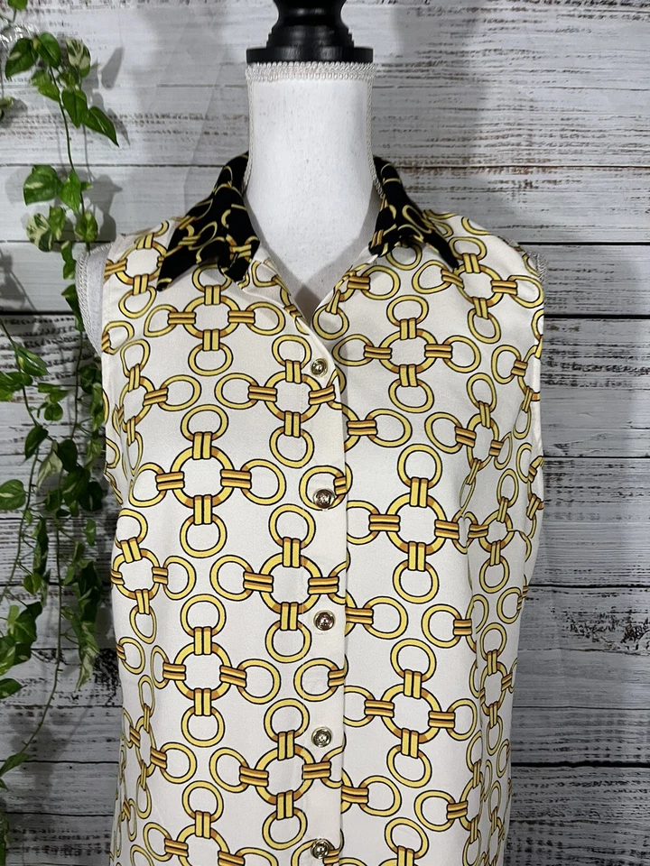 Coco Bianco Blouse Shirt size Medium Black Gold Chains Career Summer Beach Slim - Image 2 of 4