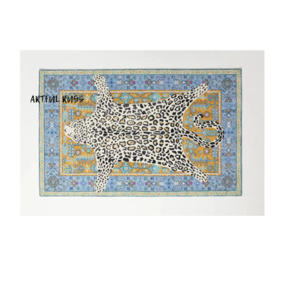 Octavia Leopard Blau & Gold Moderner Handgetufteter 100 % Wolle Vorleger Carpet
