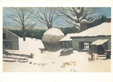 Postcard "New England Farm in Winter" Snow Barn Feeding Chickens Artwork