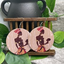 2 Silver-tone Earring Set Boho Retro Wood Dangle Juneteenth African A1409